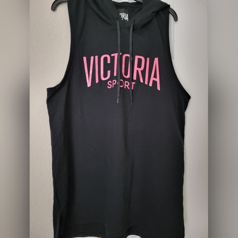 NWOT•Victoria's Secret Sport Sleeveless Tunic Razorback Hoodie•Black&Pink•S🩷🖤
